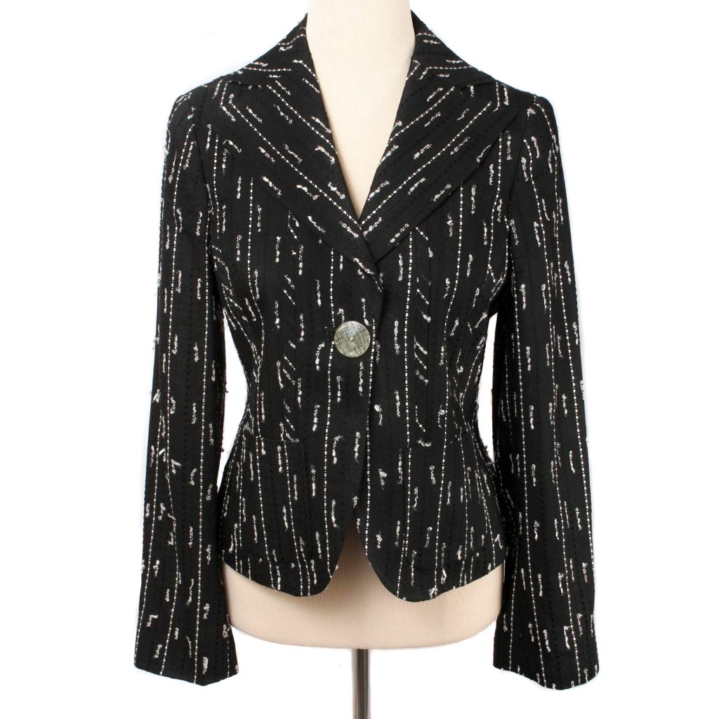 Eye Black & White Stitching Detail Single Button Linen Blend Blazer Size 8